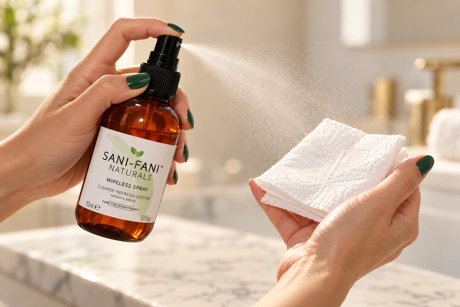 A hand sprays Sani-Fani onto folded toilet paper in the other hand