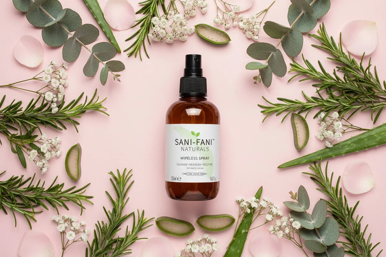 Sani-Fani Wipeless Spray surrounded by aloe, rosemary and eucalyptus